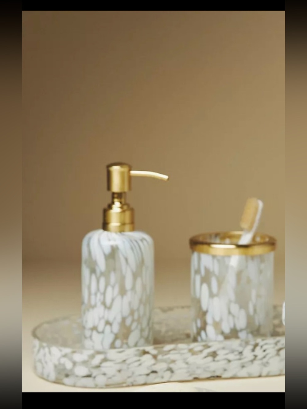Elegant White and Gold Marble Glass Bathroom 3 Piece Accessory Set.